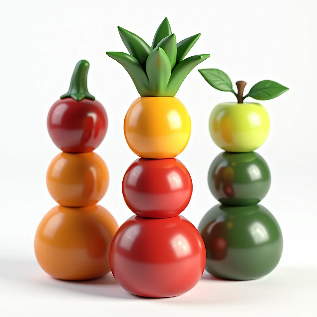 Create figurine collection characters with each head made of different fruits and vegetables, the st