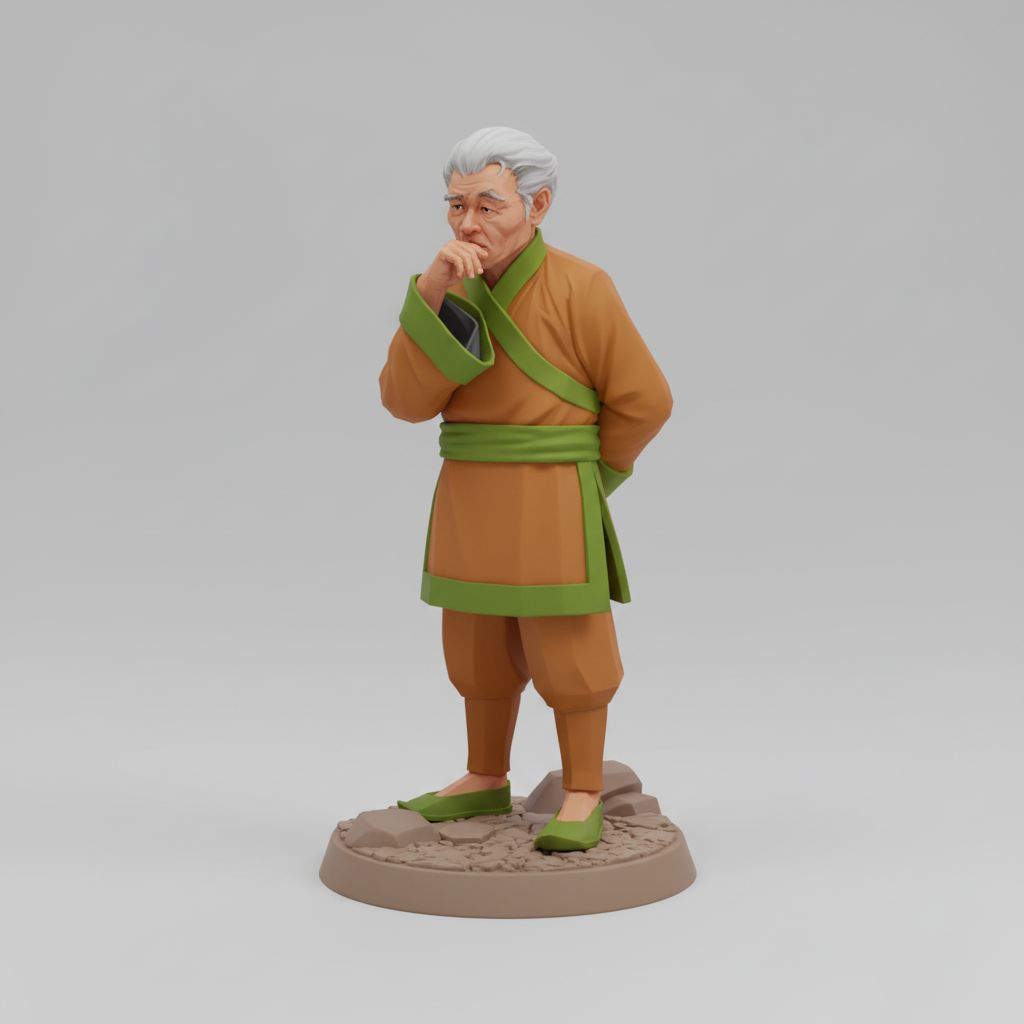 An old man with body and legs in orange and green eastern clothes