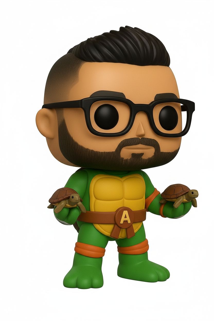 Convert this funko of me as a ninja turtle to a 3d stl file. Replace the weapons in the hand and add