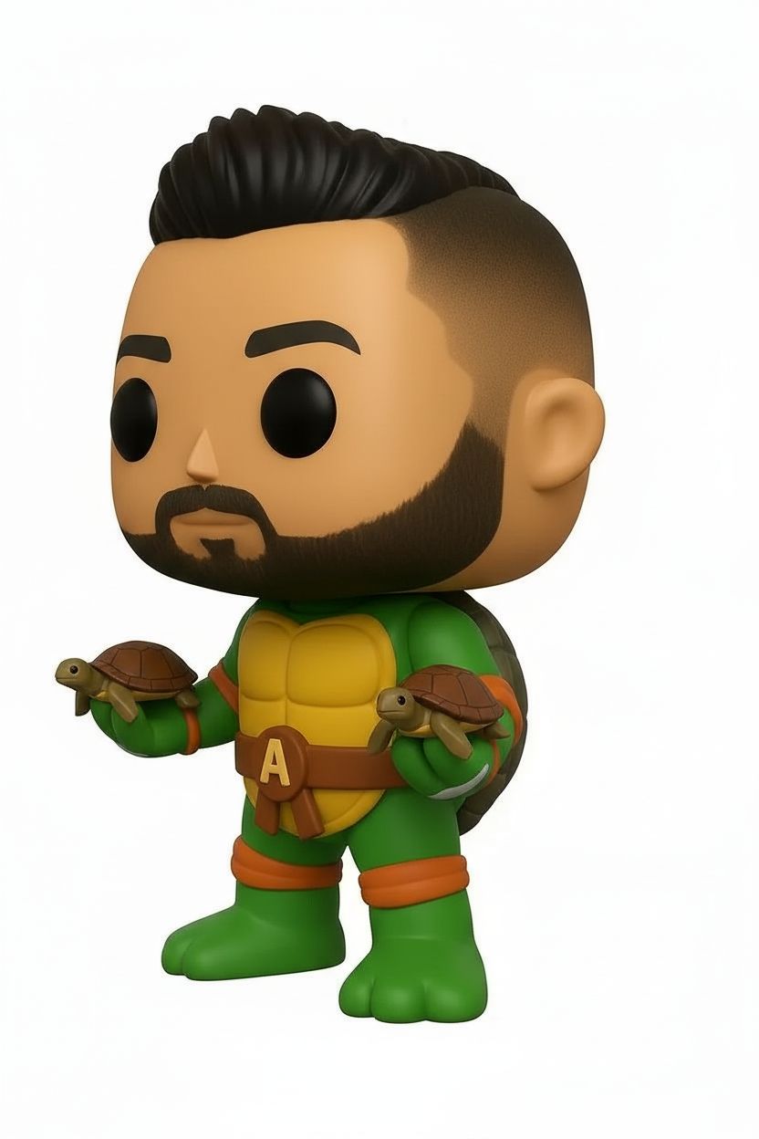 Convert this funko of me as a ninja turtle to a 3d stl file. Replace the weapons in the hand and add